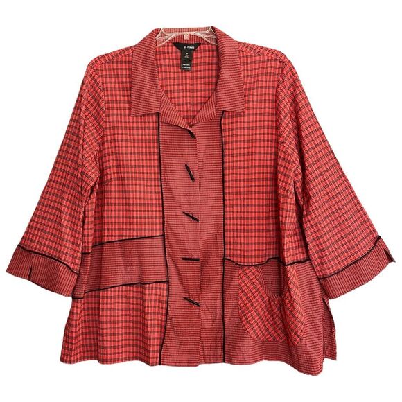 Ali Miles Lagenlook Mixed Plaid Tunic Top Women 2X Asymmetric Artsy Funky Pocket - Picture 1 of 12